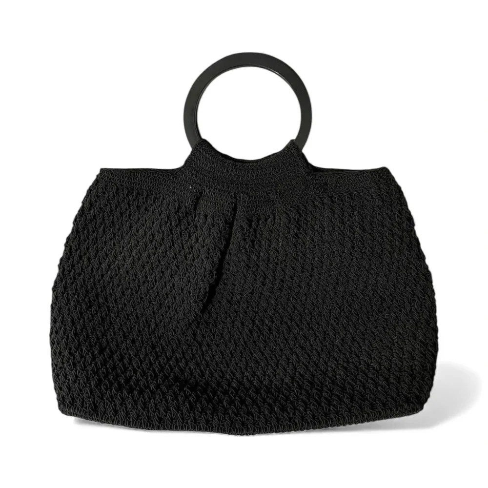 Liz Claiborne Macrame Crochet Handbag Black Wood Handles Lined 9x13x4 Boho Retro